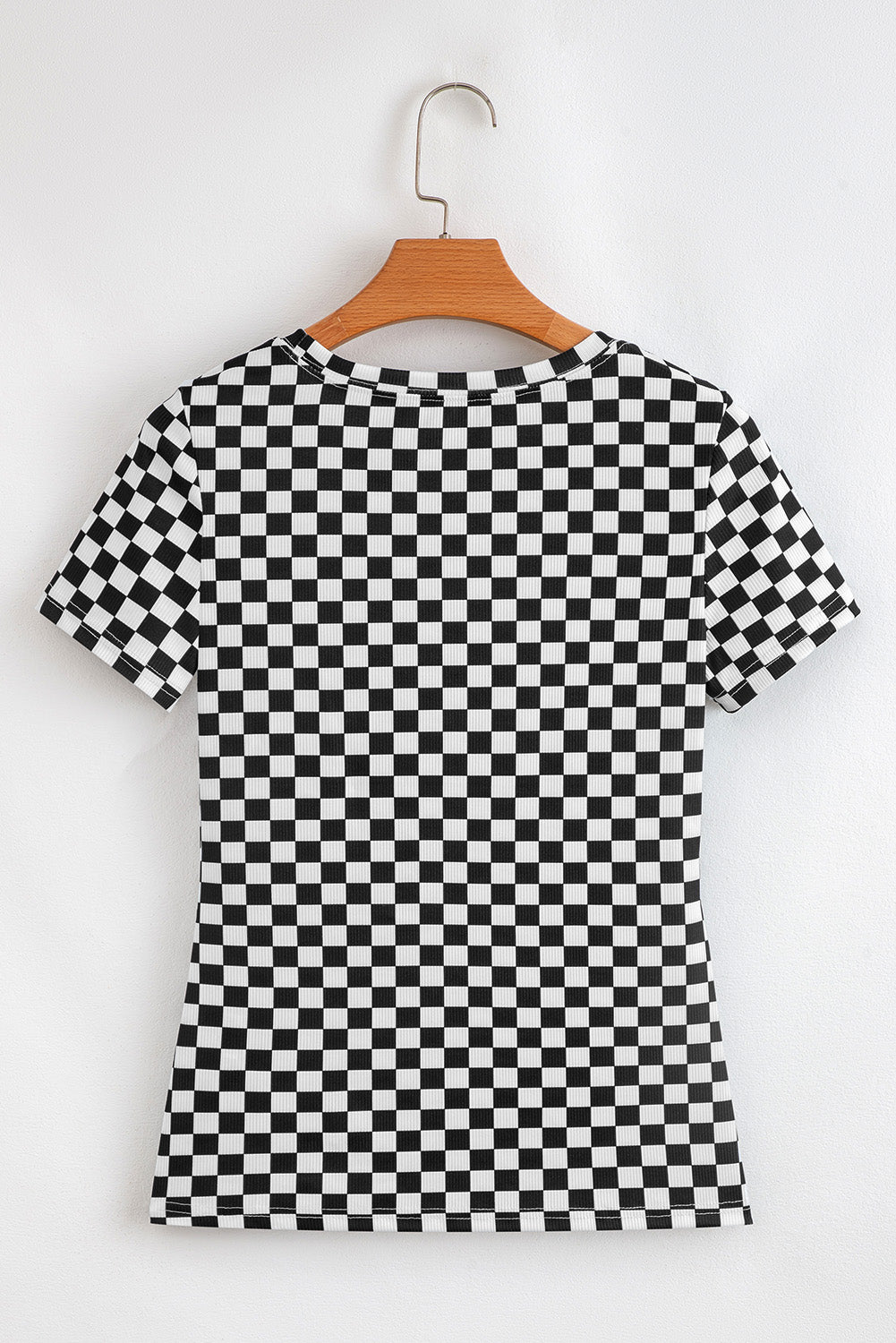 Black Checkered Ribbed Slim Fit Crew Neck T Shirt-Tops/Tops & Tees-[Adult]-[Female]-2022 Online Blue Zone Planet
