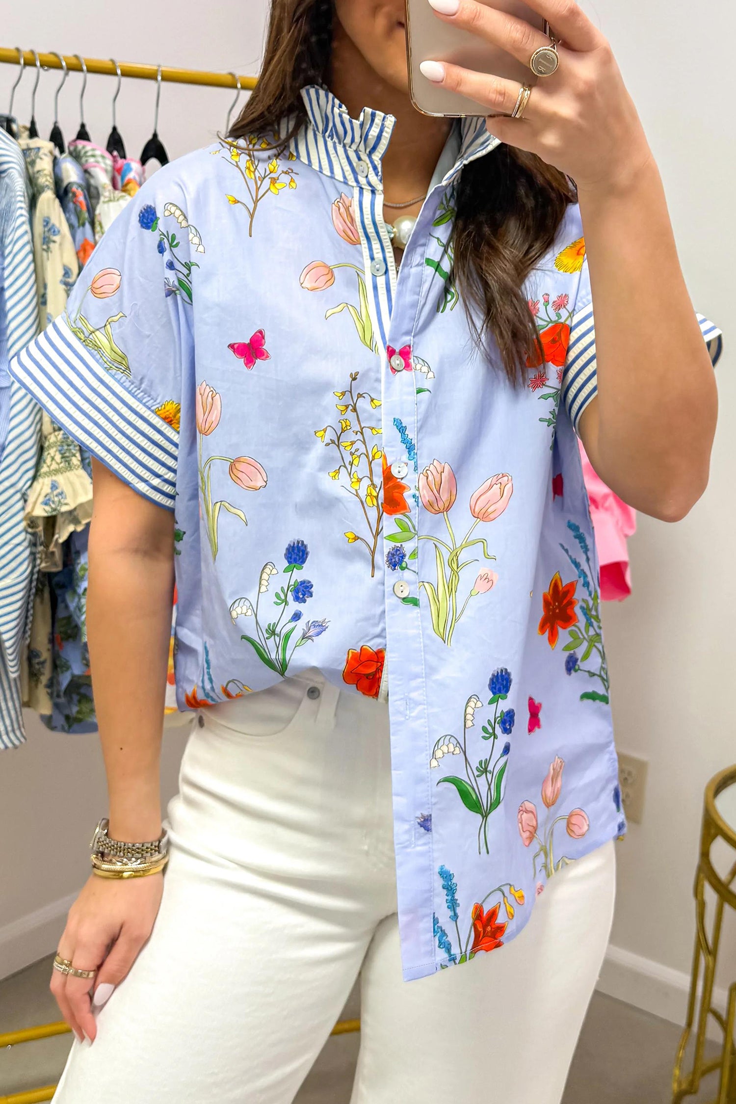 Beige Floral Striped Patchwork Ruffled Collar Short Sleeve Shirt-Tops/Blouses & Shirts-[Adult]-[Female]-2022 Online Blue Zone Planet