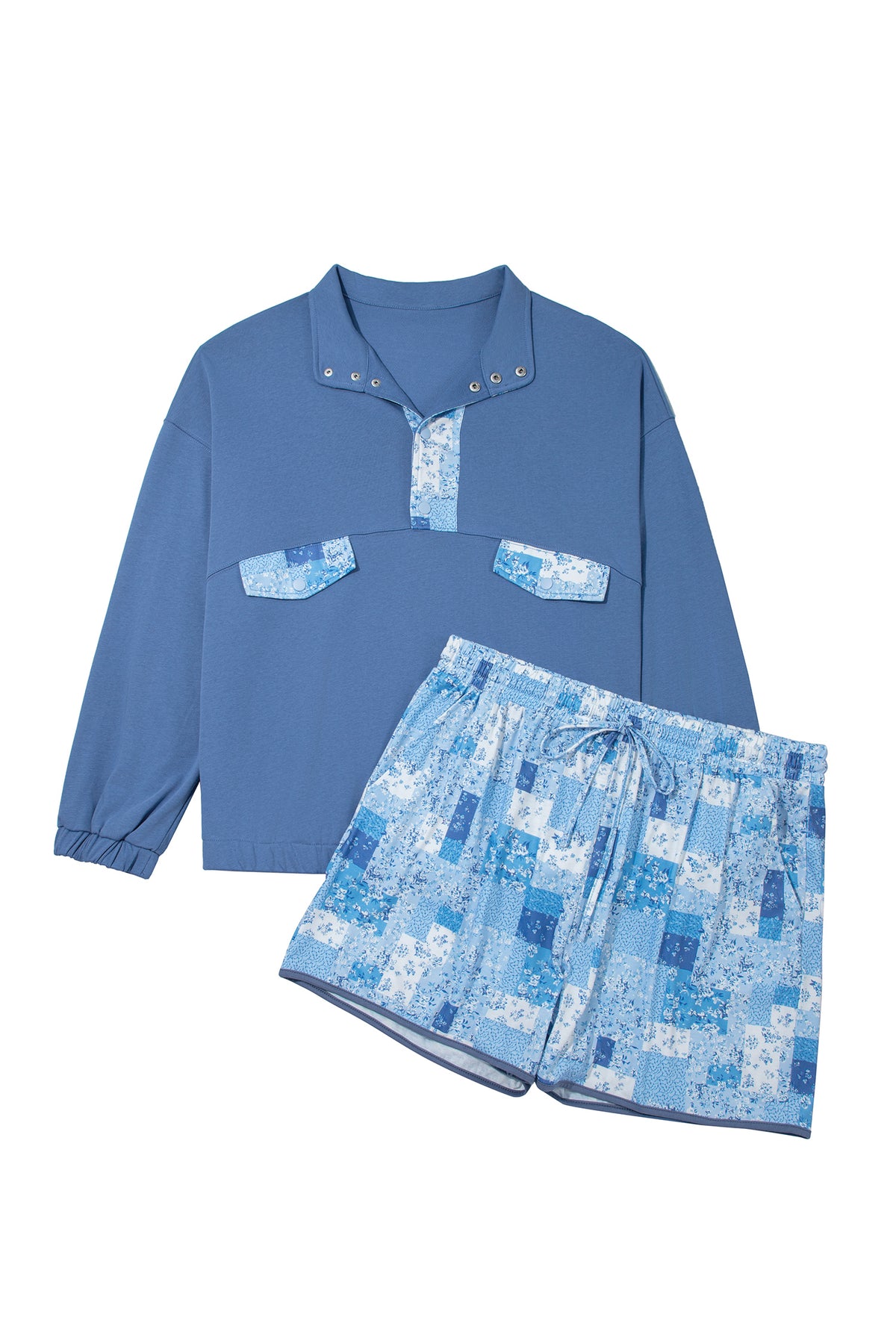 Blue Floral Patchwork V-Neck Long Sleeve Short Bottoms Plus Size Set-Plus Size/Plus Size Sweatshirts & Hoodies-[Adult]-[Female]-2022 Online Blue Zone Planet