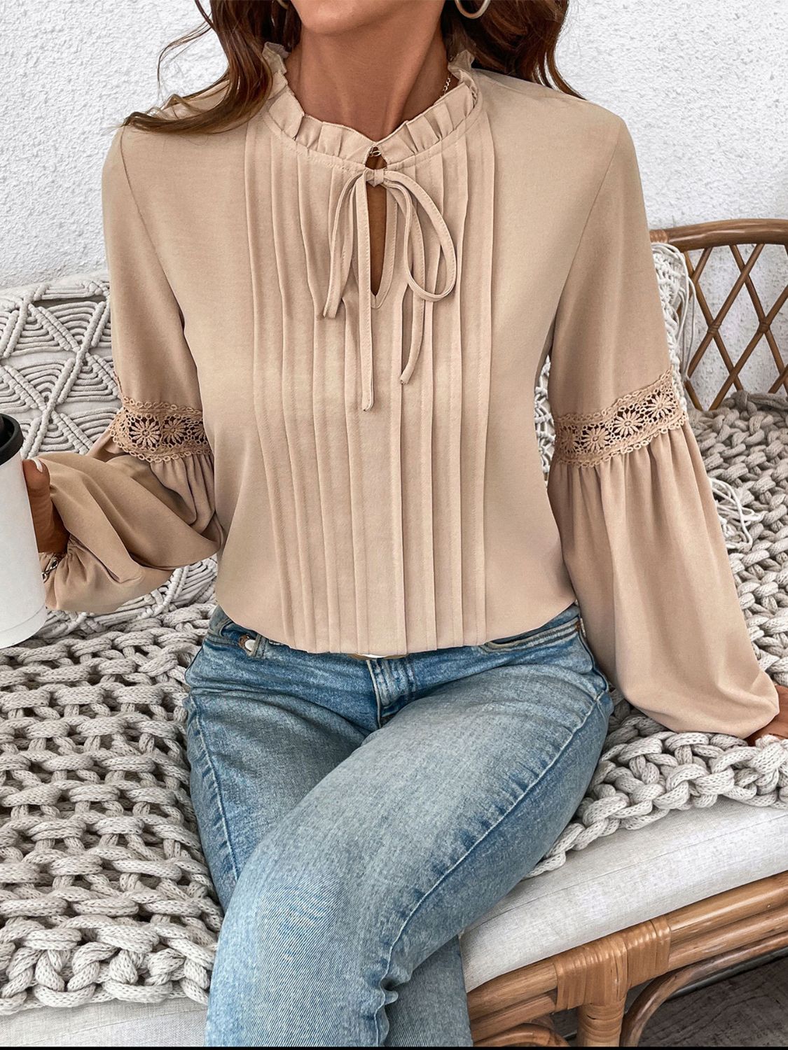 Perfee Frill Tie Neck Long Sleeve Blouse-TOPS / DRESSES-[Adult]-[Female]-2022 Online Blue Zone Planet