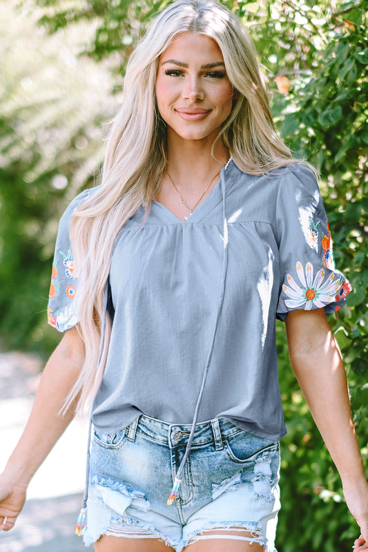 Beau Blue Floral Embroidered Puff Sleeve Split Neck Blouse-Tops/Blouses & Shirts-[Adult]-[Female]-2022 Online Blue Zone Planet