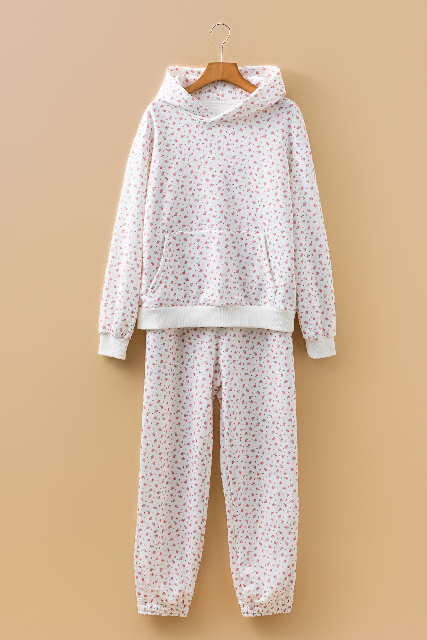 Pink Floral Print Kangaroo Pocket Hoodie Sheath Sweatpants Set-Tops / Dresses-[Adult]-[Female]-2022 Online Blue Zone Planet