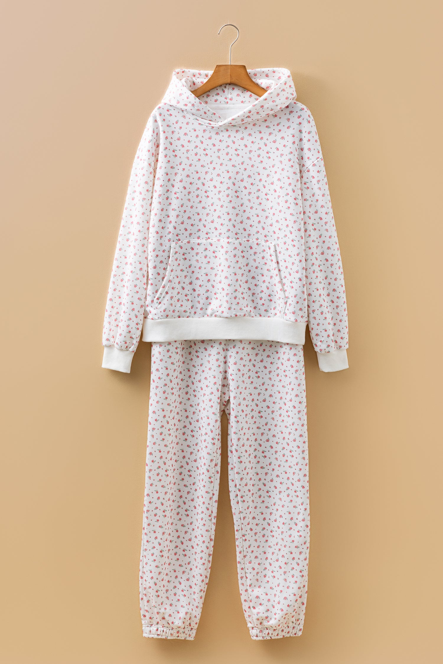 Pink Floral Print Kangaroo Pocket Hoodie Sheath Sweatpants Set-Tops / Dresses-[Adult]-[Female]-2022 Online Blue Zone Planet