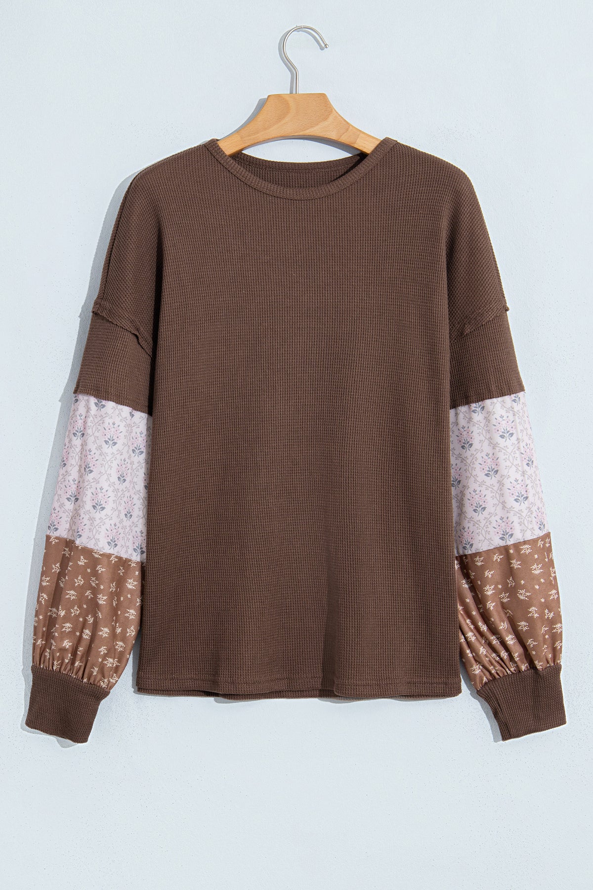 Coffee Floral Print Colorblock Long Sleeve Textured Loose Pullover Tunic Top-Tops/Long Sleeve Tops-[Adult]-[Female]-2022 Online Blue Zone Planet