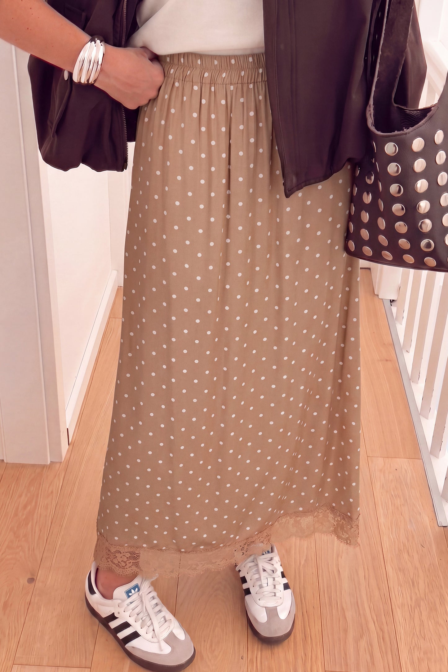 Brown Polka Dot Lace Hem Elegant Long Shift Skirt-Bottoms/Skirts & Petticoat-[Adult]-[Female]-Khaki-S-2022 Online Blue Zone Planet