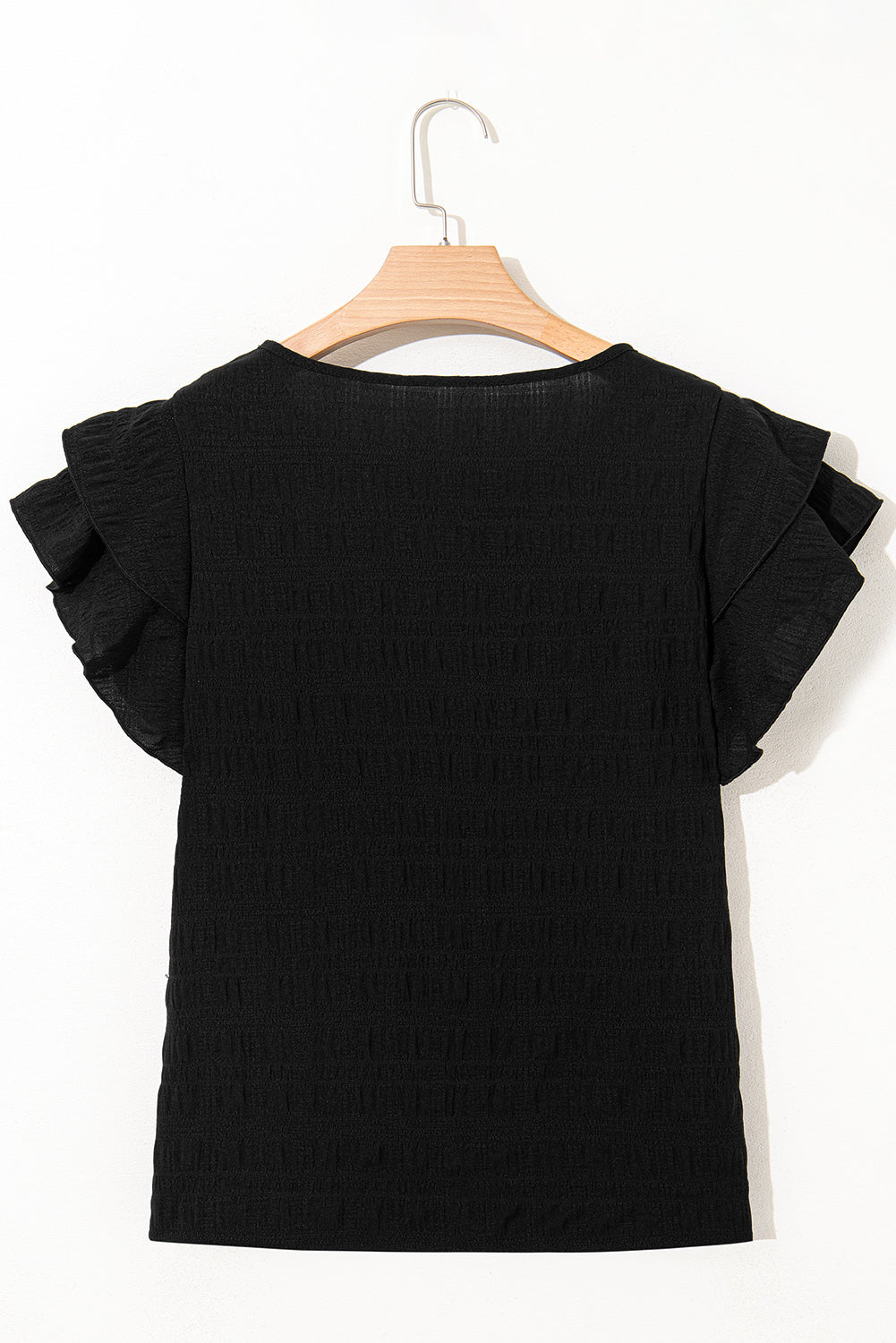 Black Textured Ruffled Sleeve Round Neck Top-Tops/Blouses & Shirts-[Adult]-[Female]-2022 Online Blue Zone Planet