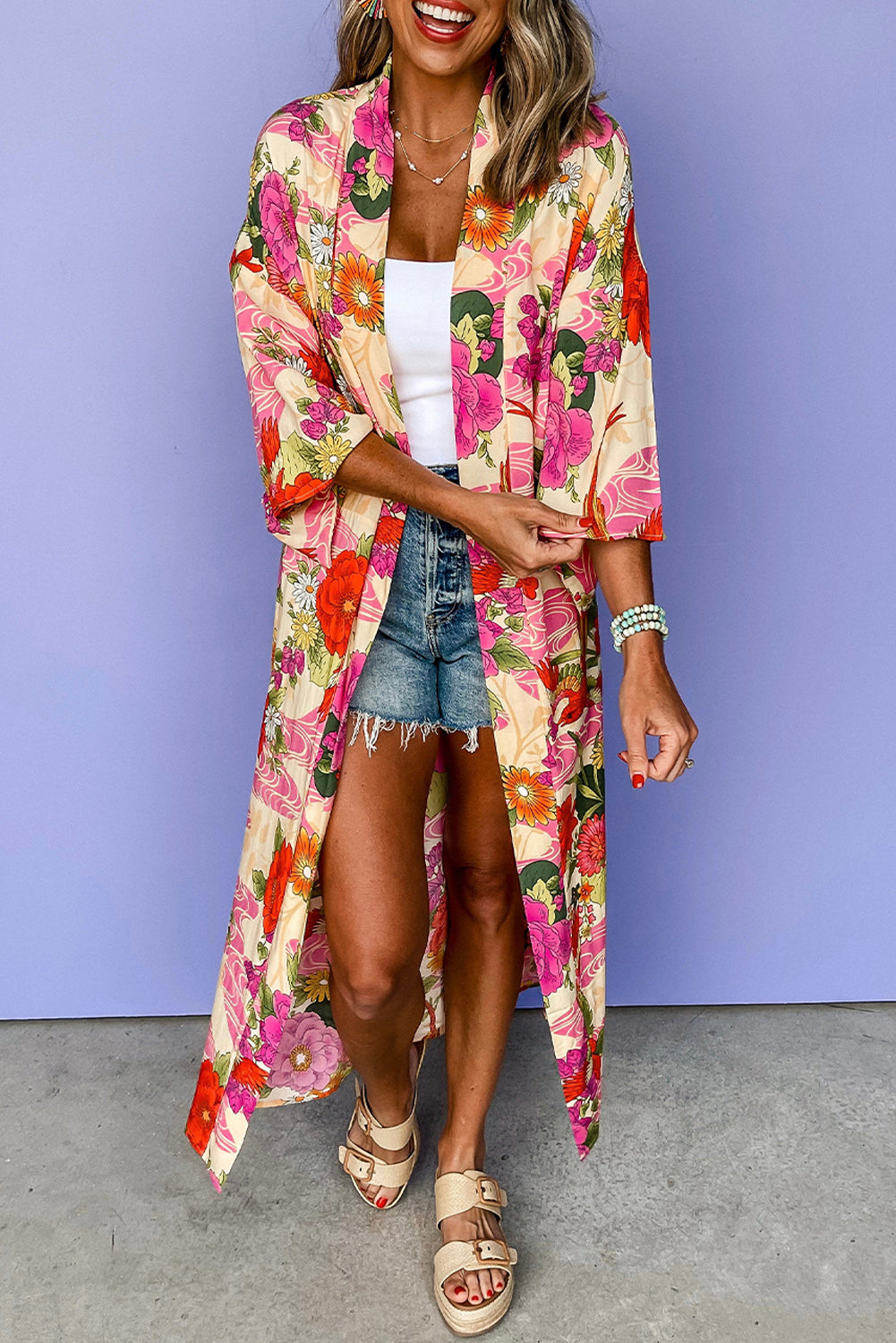 Pink Floral Allover Print Open Front Belted Duster Kimono-Outerwear/Kimonos-[Adult]-[Female]-Pink-S-2022 Online Blue Zone Planet