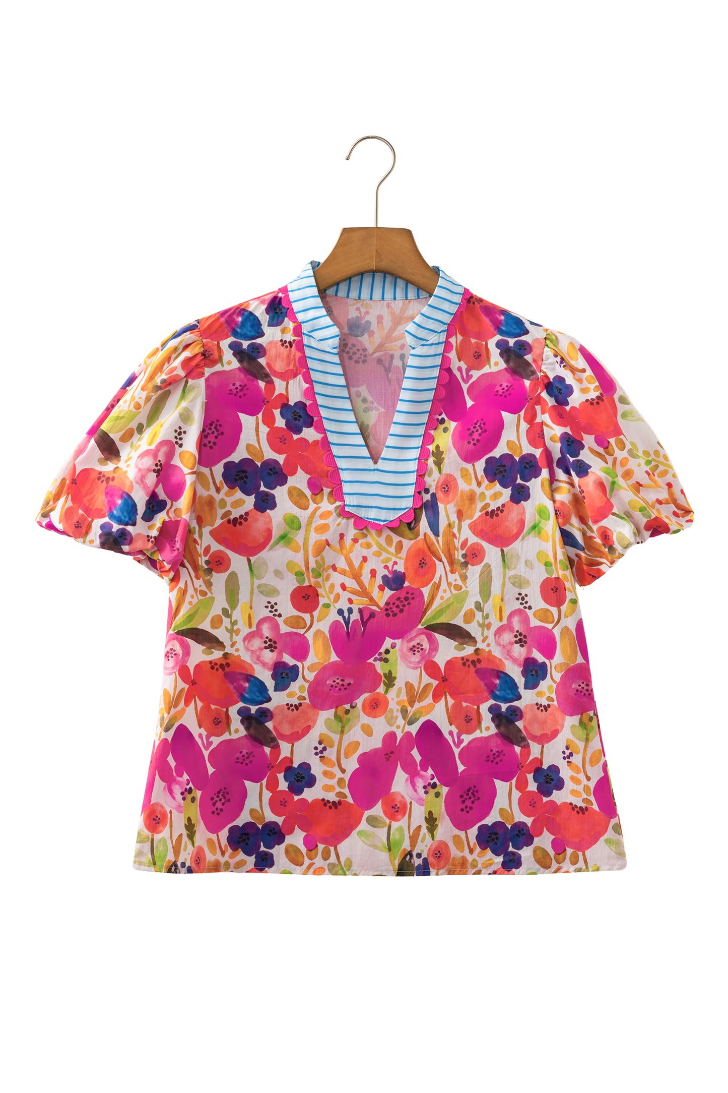 Rose Floral Print V Neck Short Puff Sleeve Cotton Blouse-Tops/Blouses & Shirts-[Adult]-[Female]-2022 Online Blue Zone Planet