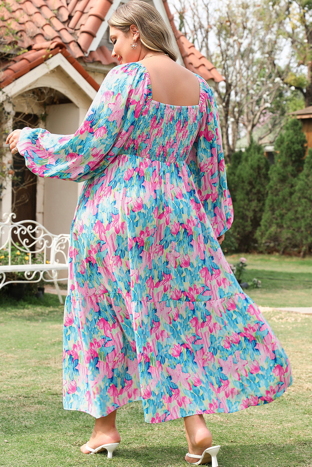 Blue Zone Planet | Sky Blue Floral Allover Print Shirred Square Neck Plus Size Maxi Dress-TOPS / DRESSES-[Adult]-[Female]-2022 Online Blue Zone Planet