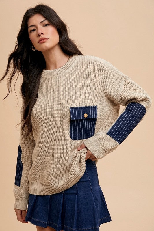 Blue Zone Planet | Annie Wear Contrast Round Neck Drop Shoulder Sweater with Patch Pocket-TOPS / DRESSES-[Adult]-[Female]-2022 Online Blue Zone Planet