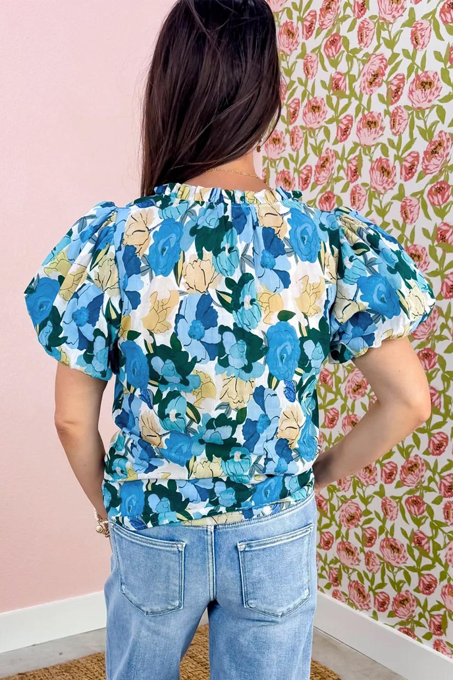 Sky Blue Floral Print Short Puff Sleeve V Neck Blouse-Tops/Blouses & Shirts-[Adult]-[Female]-2022 Online Blue Zone Planet