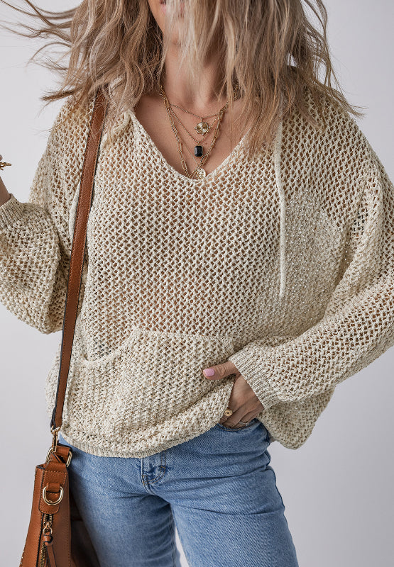 Openwork Dropped Shoulder Hooded Knit Top-TOPS / DRESSES-[Adult]-[Female]-2022 Online Blue Zone Planet