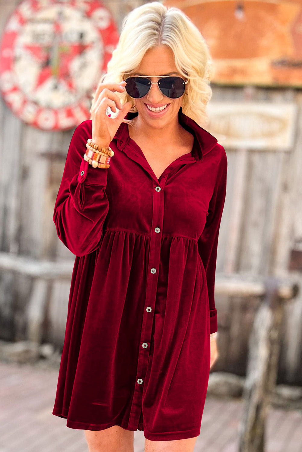 Blue Zone Planet | Fiery Red Long Sleeve Ruffle Velvet Button Up Dress-TOPS / DRESSES-[Adult]-[Female]-2022 Online Blue Zone Planet