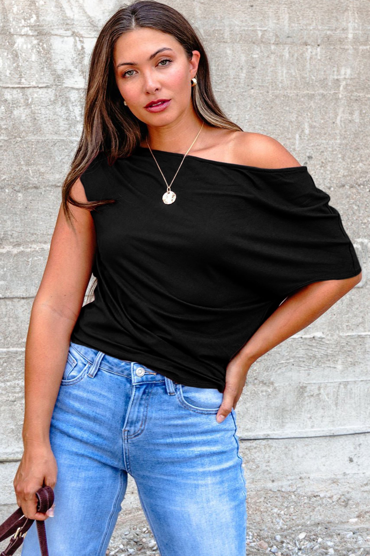 Black Plus Size Solid Color Asymmetric Neck Short Sleeve Blouse-Plus Size/Plus Size Tops/Plus Size Tops & Tees-[Adult]-[Female]-2022 Online Blue Zone Planet