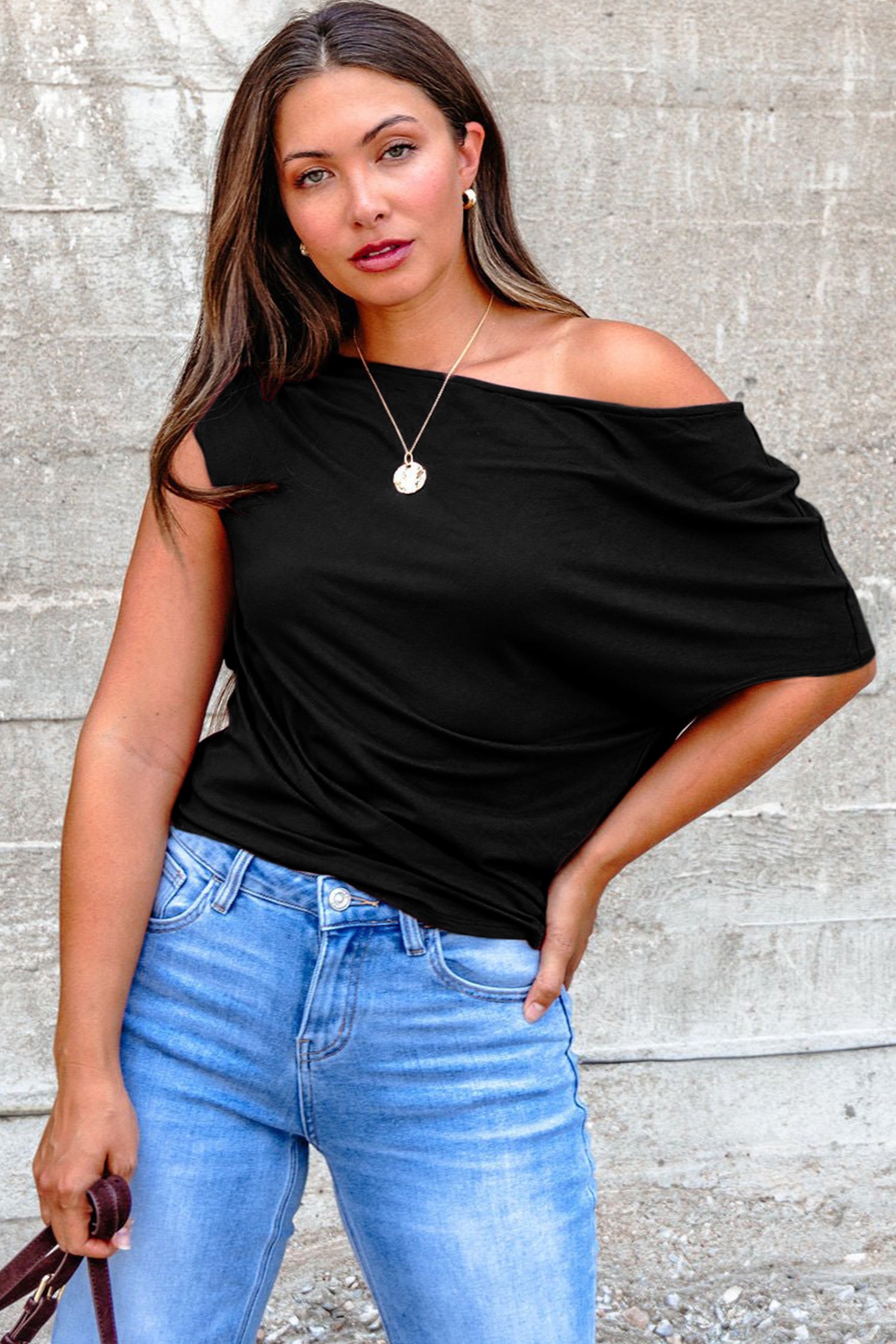 Black Plus Size Solid Color Asymmetric Neck Short Sleeve Blouse-Plus Size/Plus Size Tops/Plus Size Tops & Tees-[Adult]-[Female]-2022 Online Blue Zone Planet