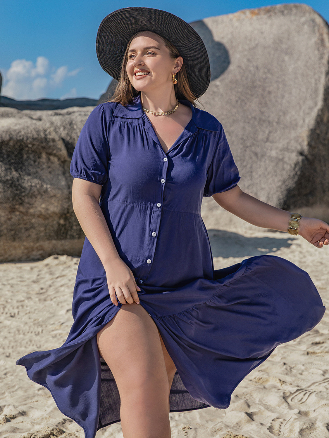 Blue Zone Planet | Plus Size Collared Neck Short Sleeve Midi Dress-TOPS / DRESSES-[Adult]-[Female]-2022 Online Blue Zone Planet