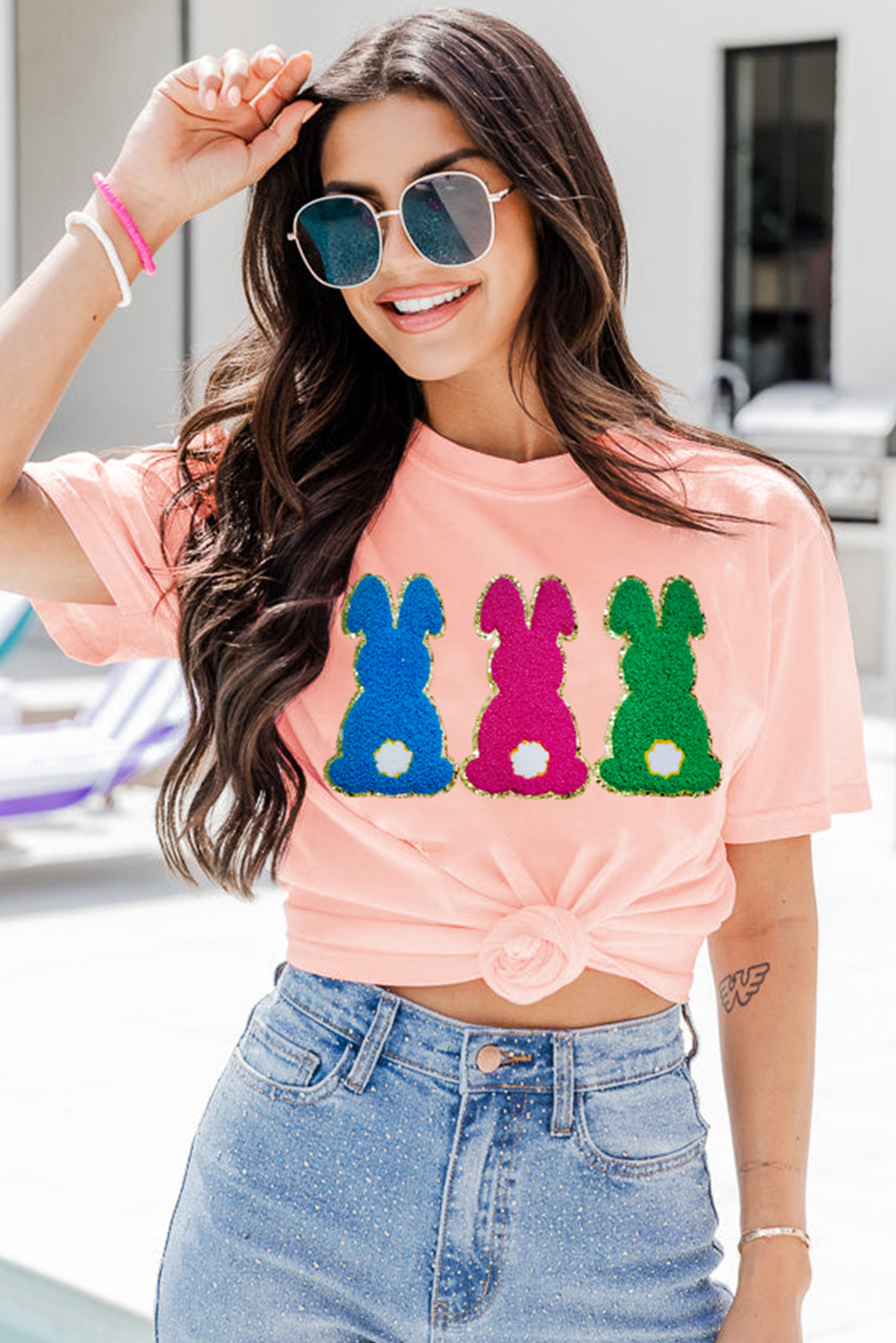 Pink Easter Bunny Chenille Patched Graphic Tee-Graphic/Graphic Tees-[Adult]-[Female]-2022 Online Blue Zone Planet