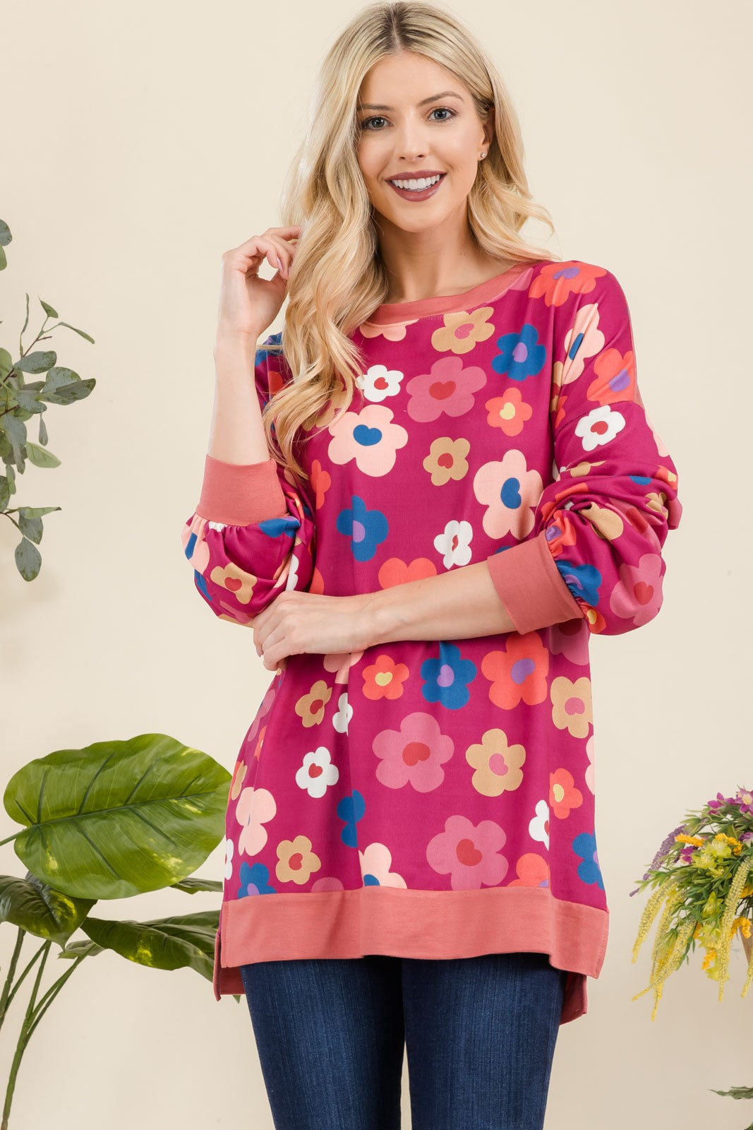 Blue Zone Planet | Celeste Full Size Side Slit Flower Print Long Sleeve Top-TOPS / DRESSES-[Adult]-[Female]-2022 Online Blue Zone Planet