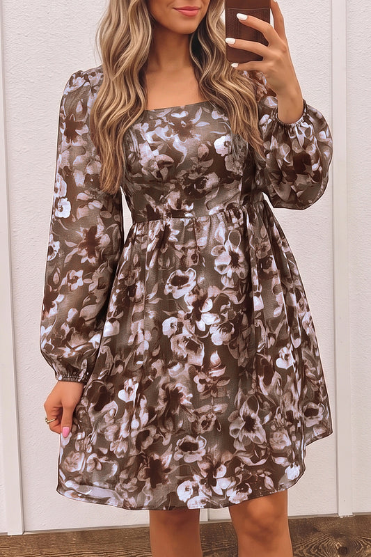 Brown Abstract Floral Print Square Neck Long Sleeve Mini Shift Dress-TOPS / DRESSES-[Adult]-[Female]-Brown-S-2022 Online Blue Zone Planet