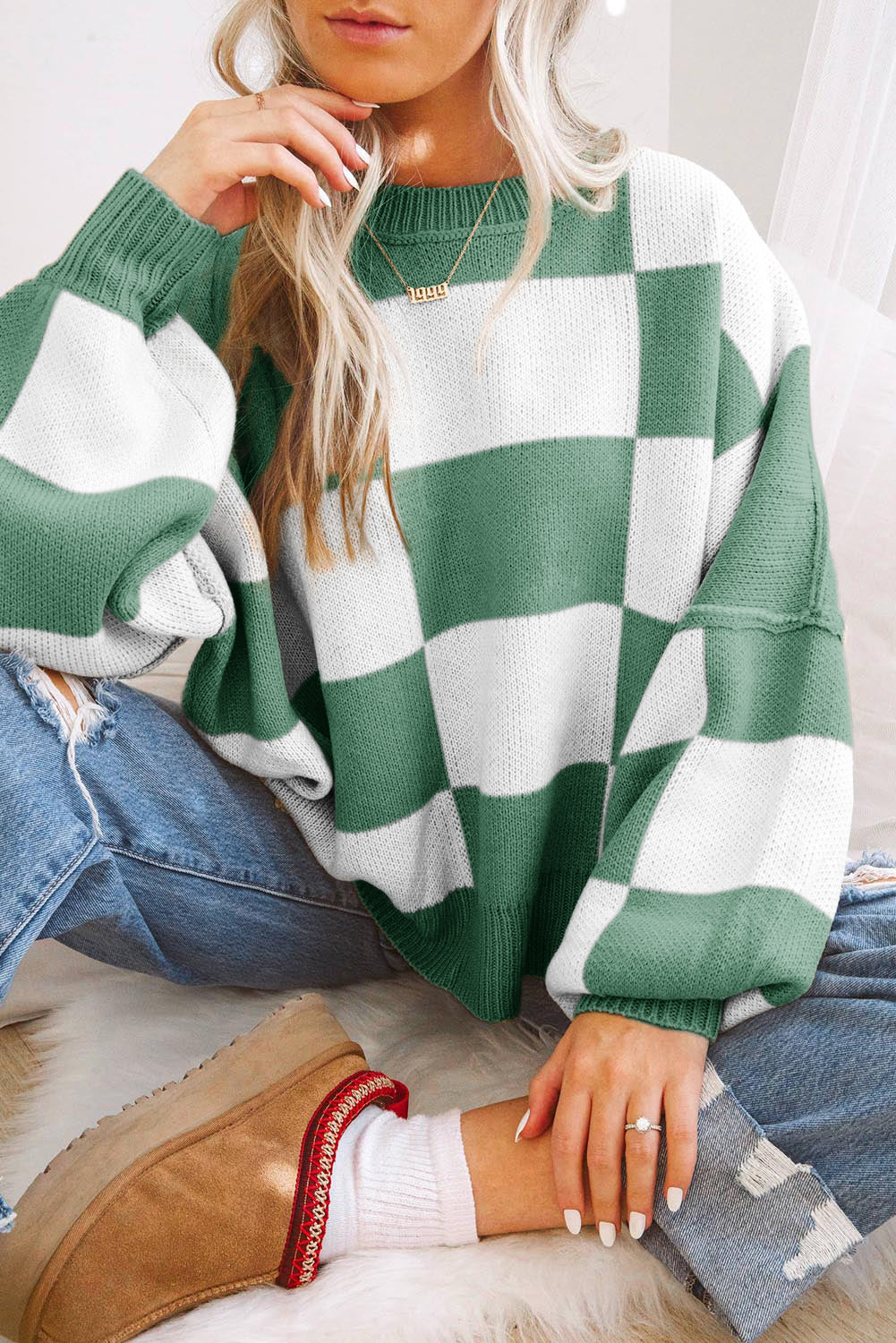 Rose Stripe Checkered Bishop Sleeve Sweater-Sweaters & Cardigans/Sweaters-[Adult]-[Female]-Green-S-2022 Online Blue Zone Planet