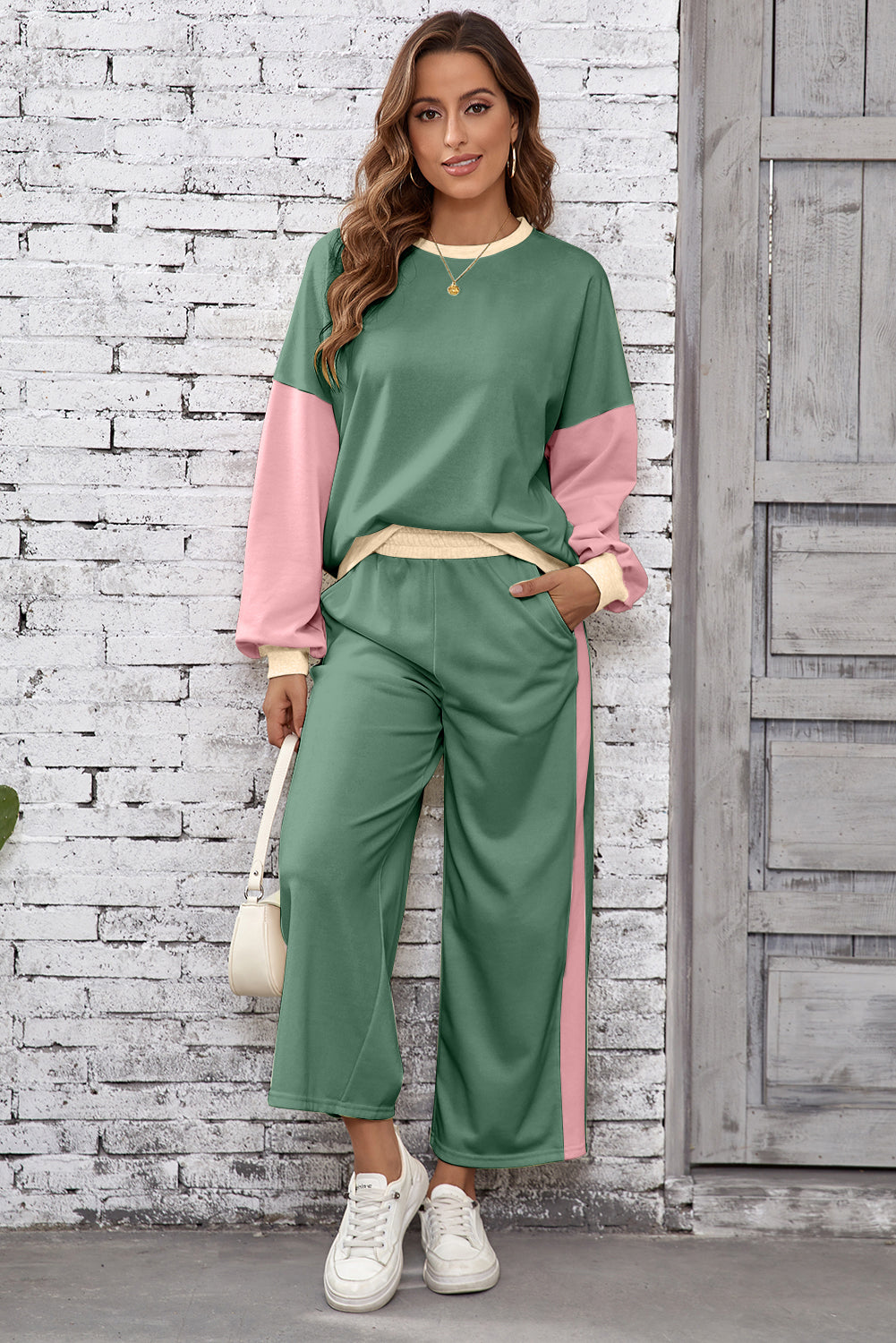 Chestnut 2pcs Color Block Pullover Loose Pant Set-Two Piece Sets/Pant Sets-[Adult]-[Female]-2022 Online Blue Zone Planet