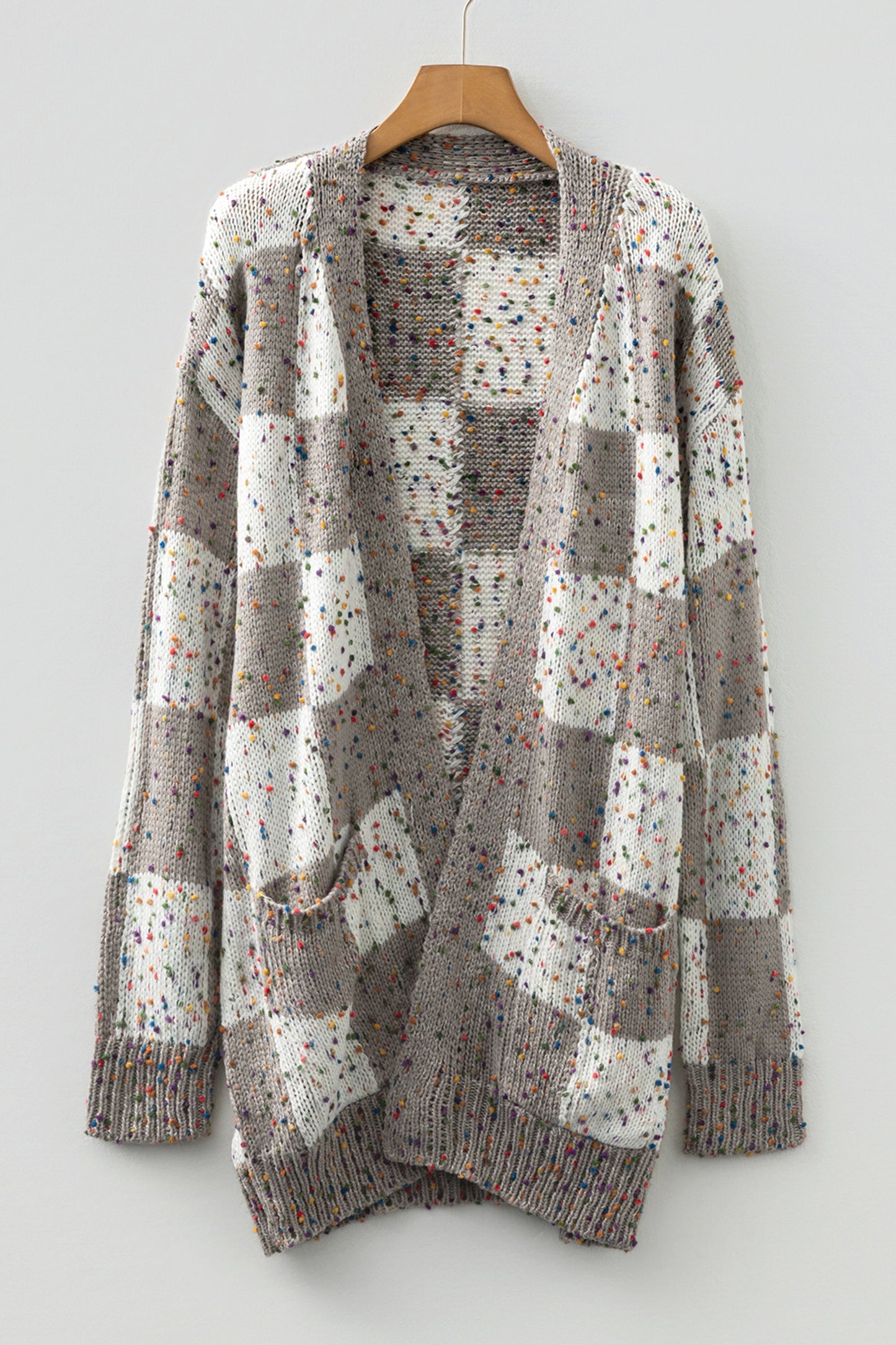 Brown Confetti Dot Checkered Print Open Cardigan with Pockets-Sweaters & Cardigans/Cardigans-[Adult]-[Female]-2022 Online Blue Zone Planet