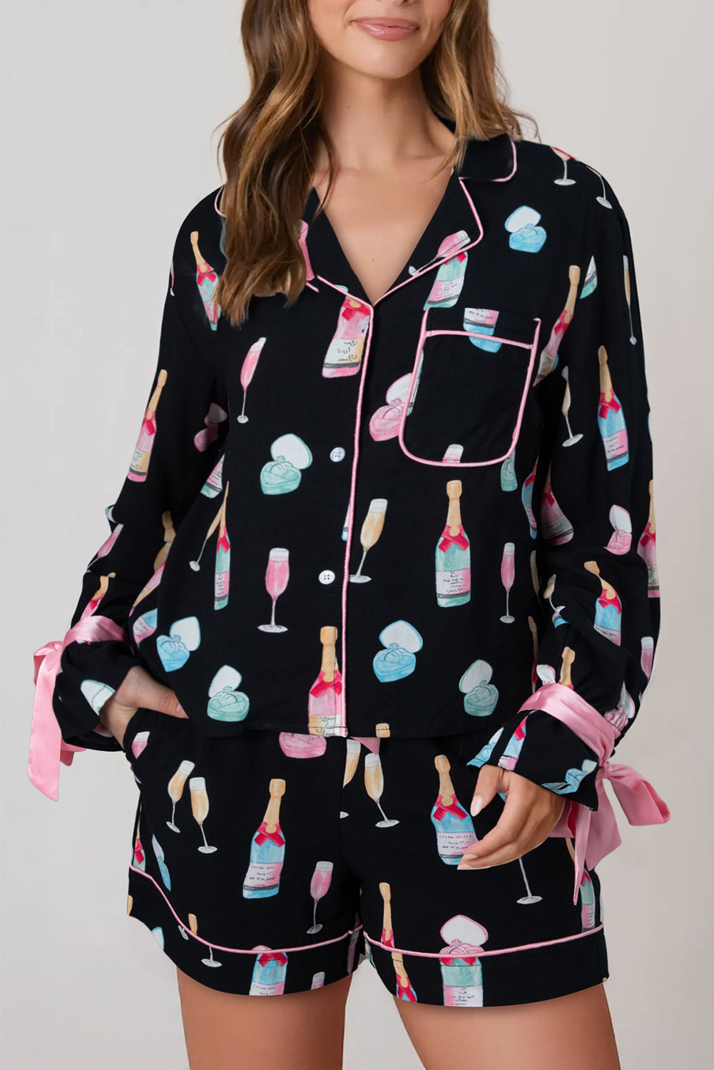 Color black Christmas Wine Glass Print Bow Knot Two Piece Pajama Set-Loungewear & Sleepwear/Sleepwear-[Adult]-[Female]-Color black-S-2022 Online Blue Zone Planet