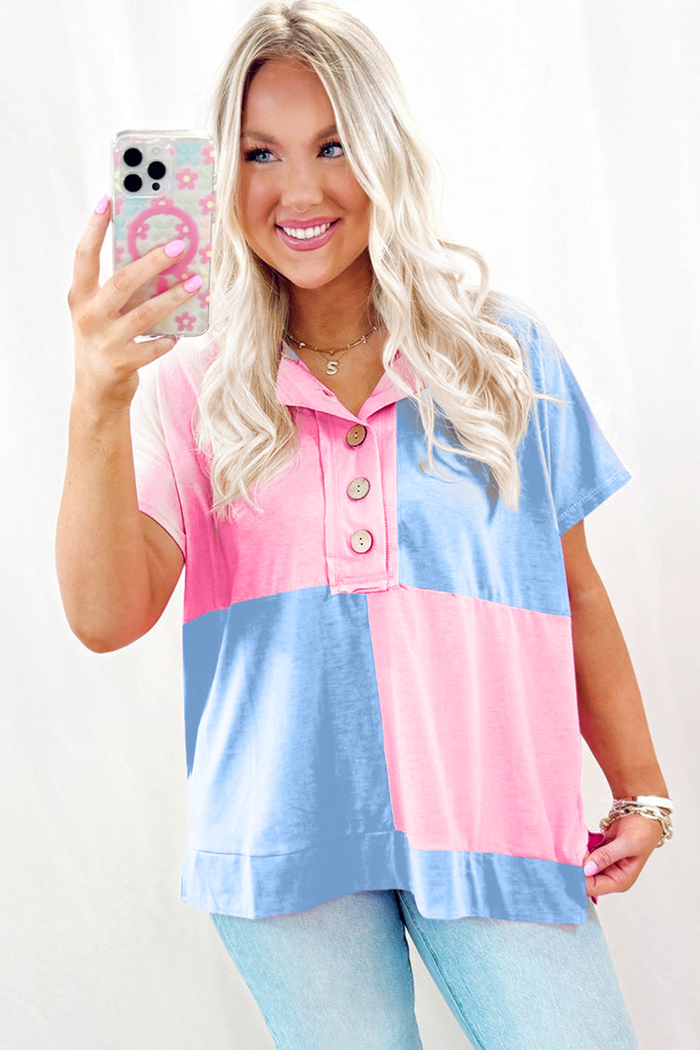 Myosotis Two Tone Half Buttons Collared T Shirt-Tops/Tops & Tees-[Adult]-[Female]-2022 Online Blue Zone Planet