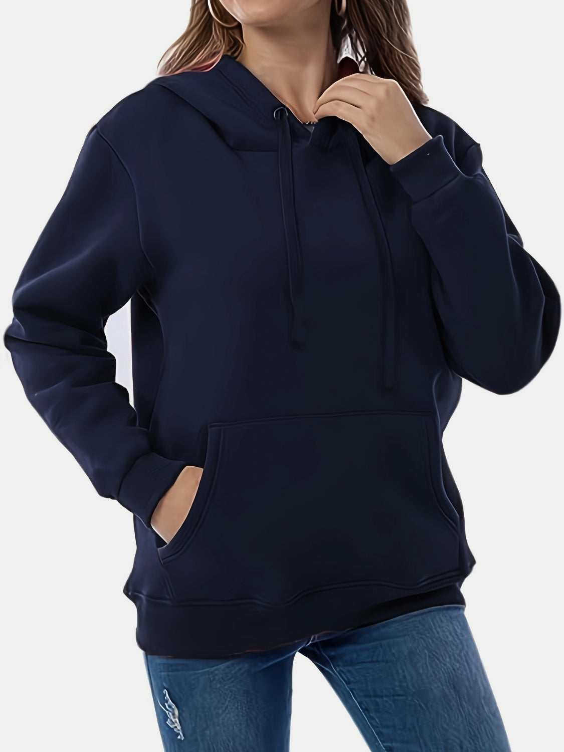 Drawstring Long Sleeve Hoodie with Kangaroo Pocket-TOPS / DRESSES-[Adult]-[Female]-Dark Blue-S-2022 Online Blue Zone Planet