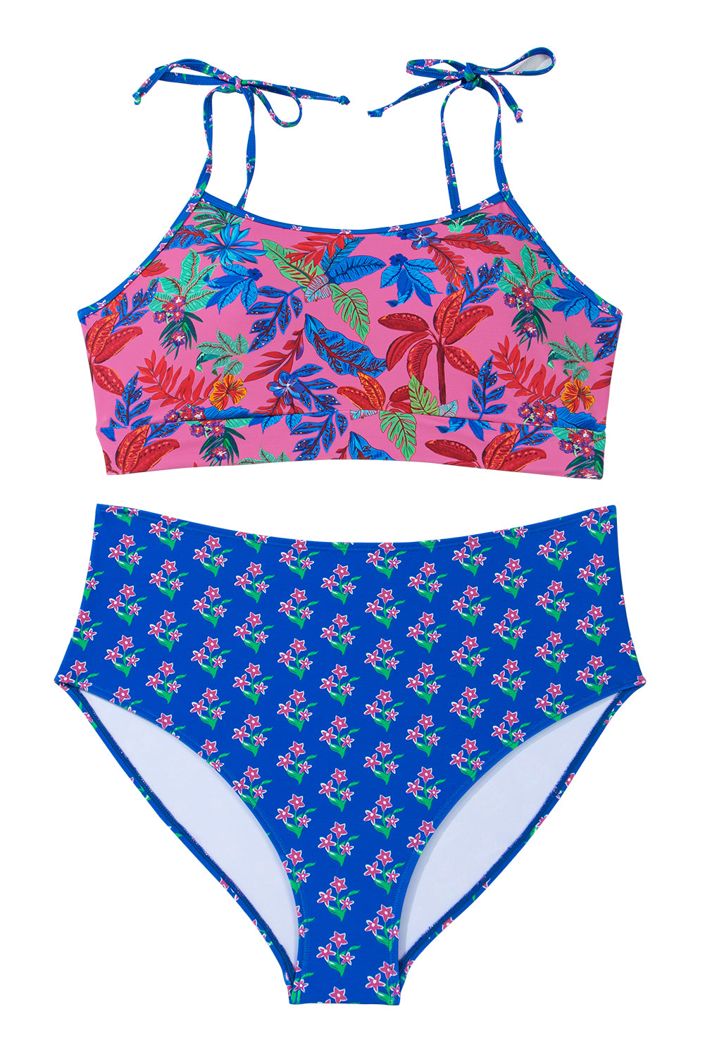 Blue Fashion Print Tied Straps Crop Vest and High Waist Plus Size Bikini-Plus Size/Plus Size Swimwear-[Adult]-[Female]-2022 Online Blue Zone Planet