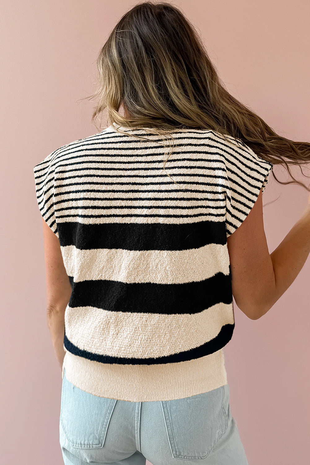 Blue Zone Planet | Black White Striped Sleeveless Knit Top-Knit Tops-[Adult]-[Female]-2022 Online Blue Zone Planet