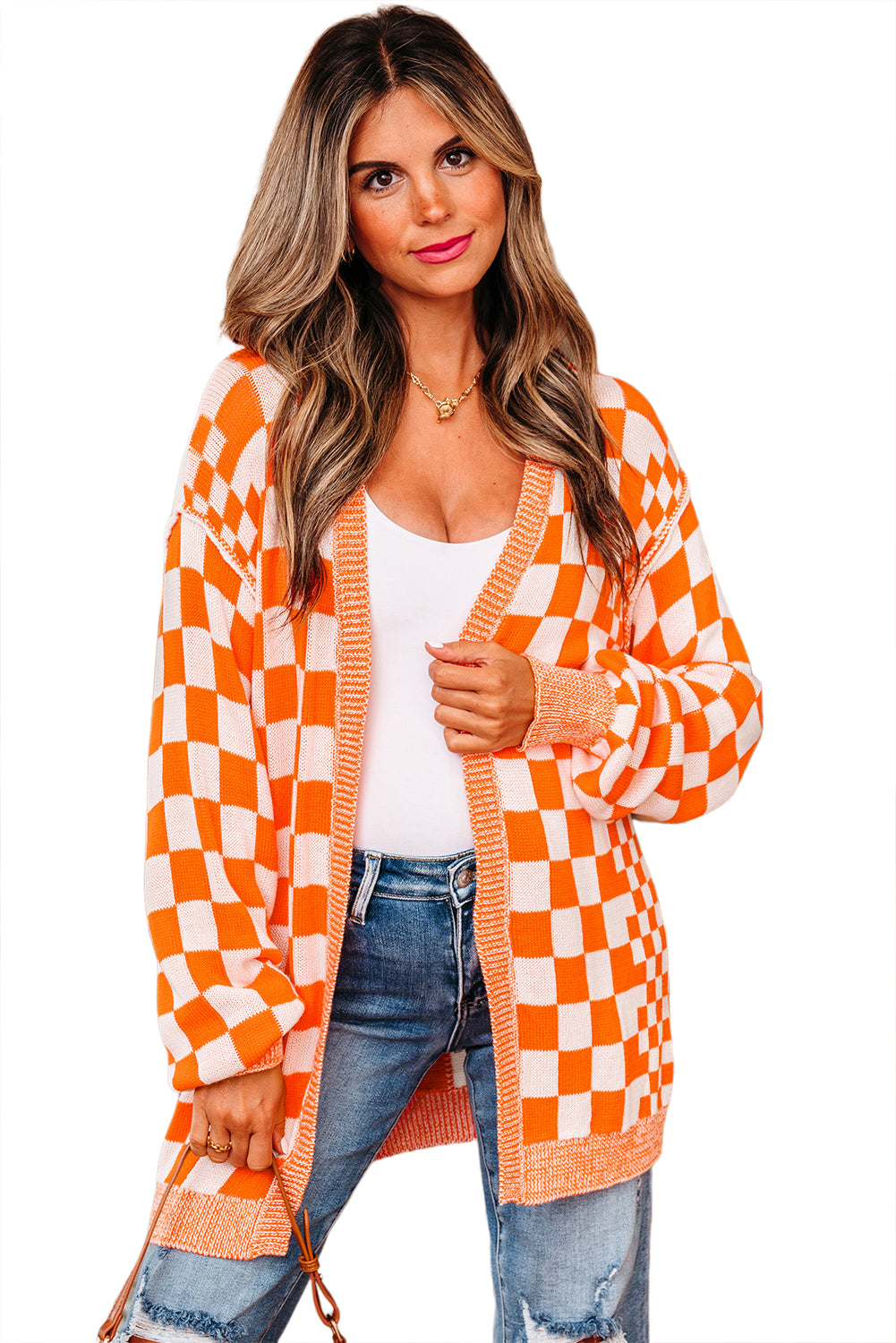 Orange Checkered Open Front Drop Shoulder Cardigan-Sweaters & Cardigans/Cardigans-[Adult]-[Female]-2022 Online Blue Zone Planet
