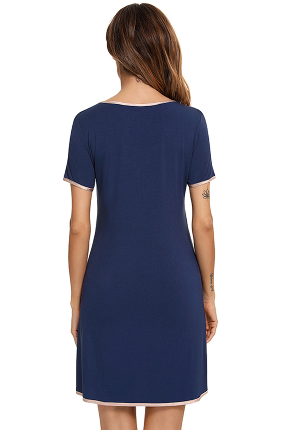 Contrast Trim Pocketed Round Neck Lounge Dress-TOPS / DRESSES-[Adult]-[Female]-2022 Online Blue Zone Planet