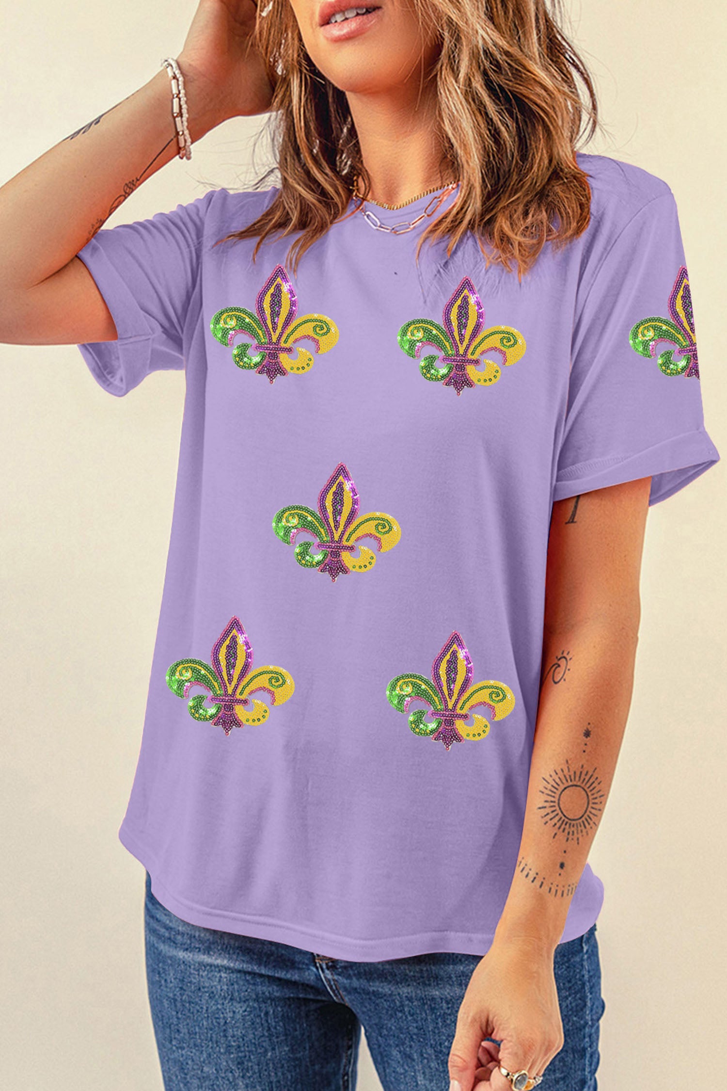 Wisteria Mardi Gras Sequined Pattern Holiday T Shirt-Graphic Tees-[Adult]-[Female]-2022 Online Blue Zone Planet