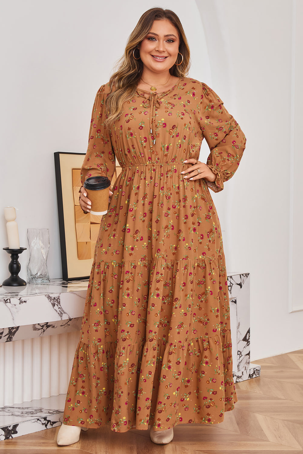 Brown Plus Size Floral Split V Neck Ruffled Sleeve Tiered Maxi Dress-TOPS / DRESSES-[Adult]-[Female]-2022 Online Blue Zone Planet