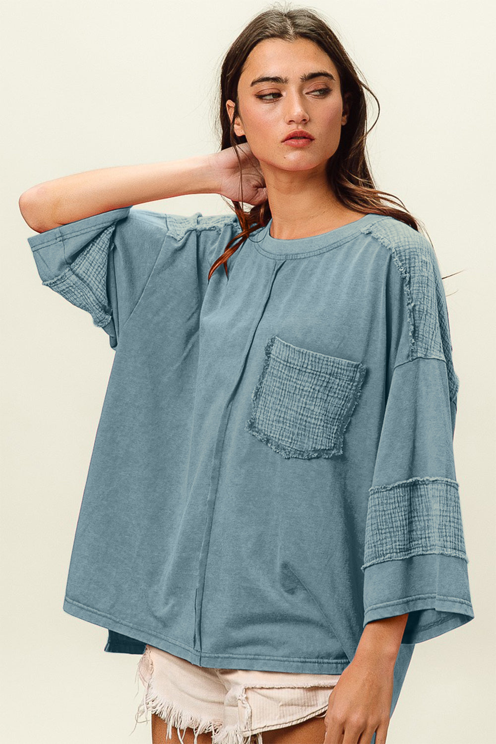 BiBi High-Low Washed T-Shirt-TOPS / DRESSES-[Adult]-[Female]-2022 Online Blue Zone Planet