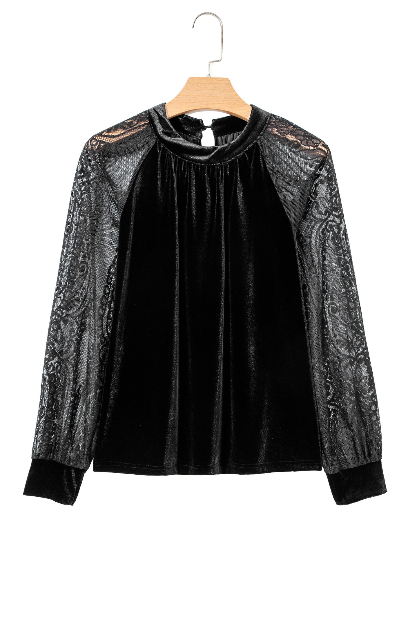 Color Black Solid Color Sheer Lace Long Sleeve Patchwork Stand Neck Velvet Blouse-Tops/Blouses & Shirts-[Adult]-[Female]-2022 Online Blue Zone Planet