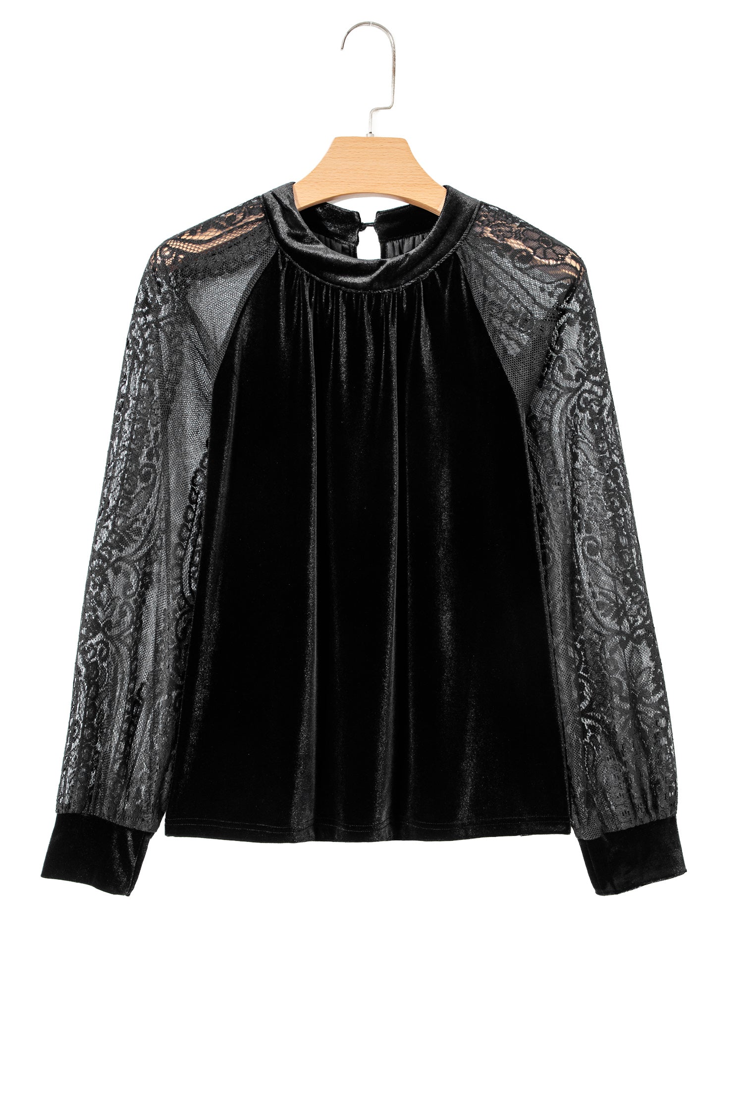 Color Black Solid Color Sheer Lace Long Sleeve Patchwork Stand Neck Velvet Blouse-Tops/Blouses & Shirts-[Adult]-[Female]-2022 Online Blue Zone Planet
