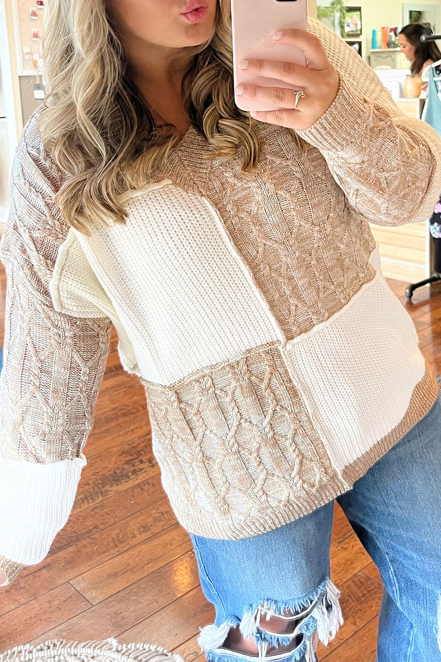 Parchment Colorblock V Neck Long Sleeve Tunic Loose Fit Plus Size Sweater-Plus Size/Plus Size Sweaters & Cardigans-[Adult]-[Female]-2022 Online Blue Zone Planet