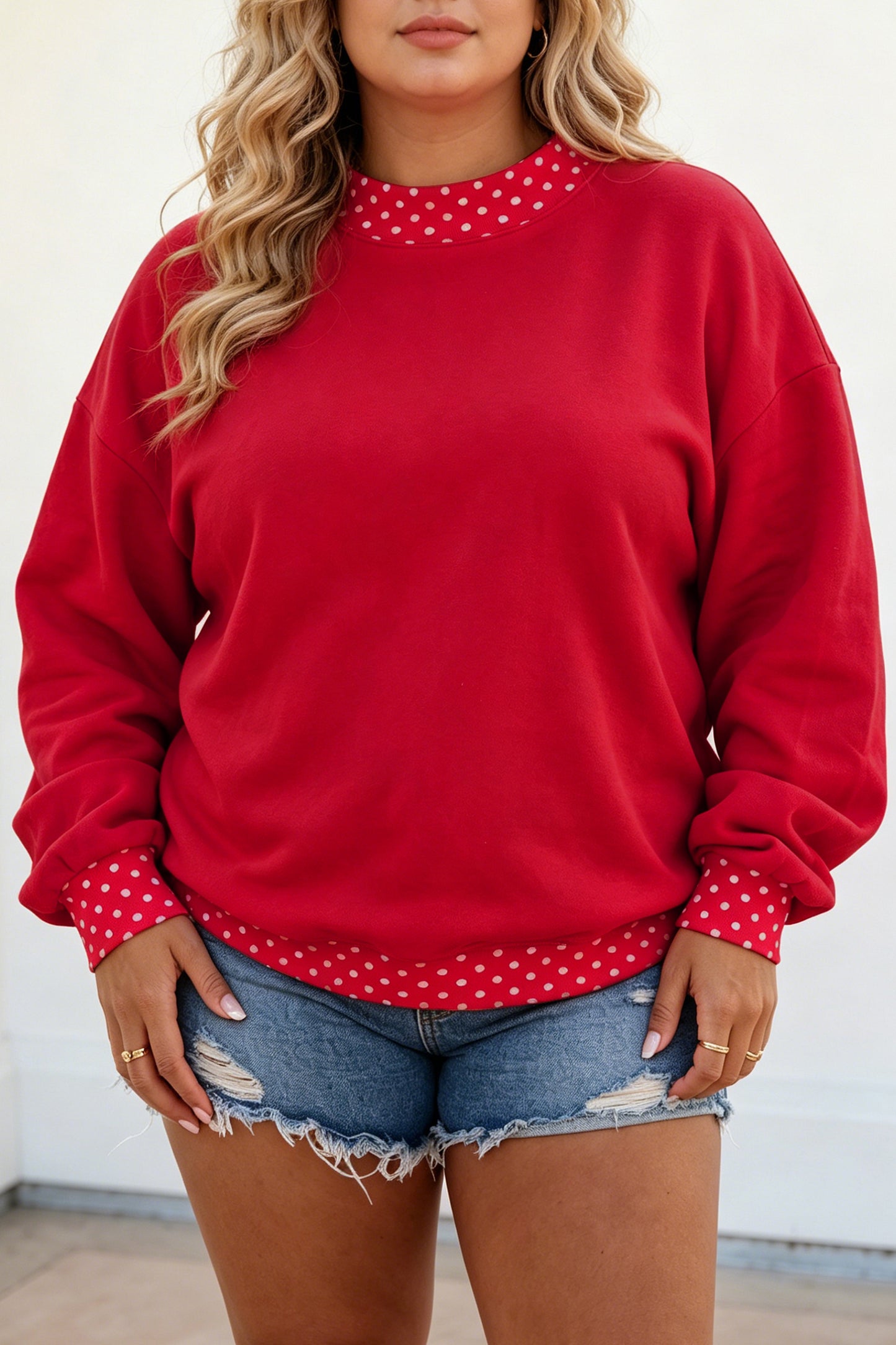 Orange Polka Dot Patchwork Round Neck Plus Size Sweatshirt