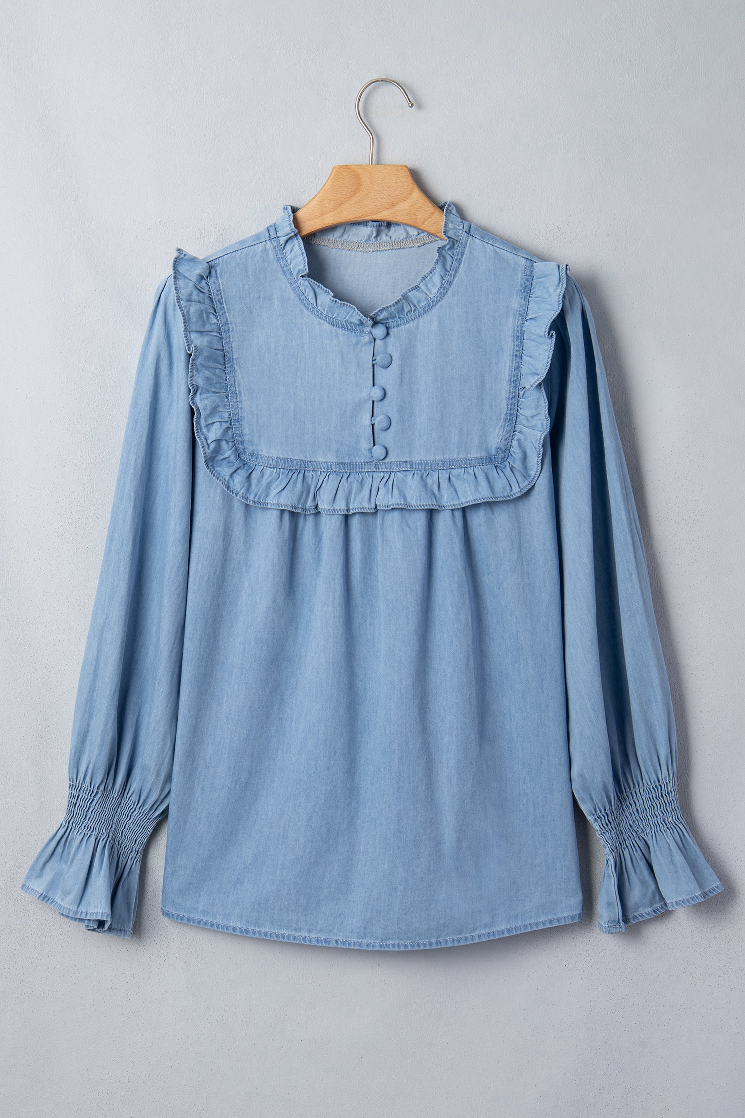 Beau Blue Western Ruffle V Neck Long Sleeve Chambray Blouse-Tops/Blouses & Shirts-[Adult]-[Female]-2022 Online Blue Zone Planet