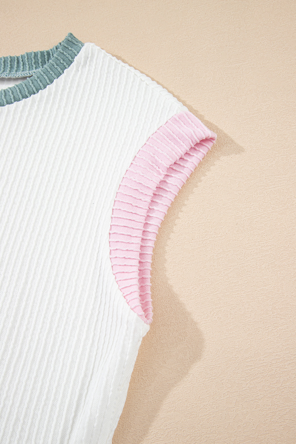 White Color Block Corded Knit Crew Neck Tee-Tops/Tops & Tees-[Adult]-[Female]-2022 Online Blue Zone Planet
