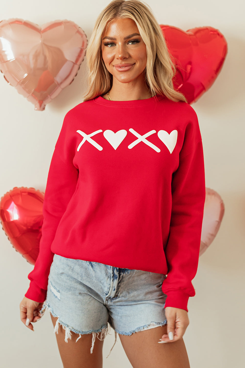 Red Puff XOXO Print Valentines Heart Sweatshirt-Graphic/Graphic Sweatshirts-[Adult]-[Female]-2022 Online Blue Zone Planet