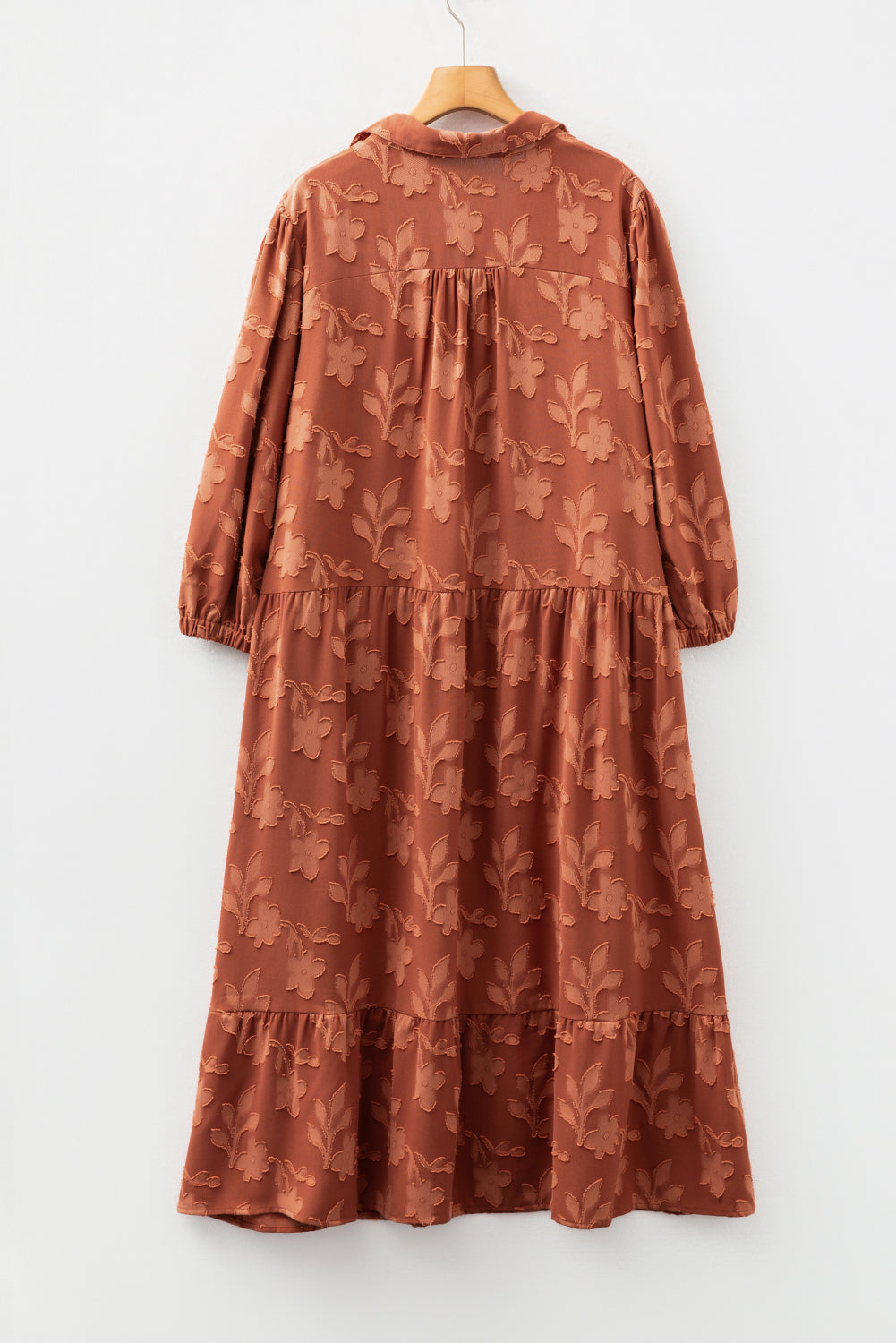 Cinnamon Plus Size Textured 3d Flower Pattern Ruffle Hem 3/4 Sleeve Long Dress-TOPS / DRESSES-[Adult]-[Female]-2022 Online Blue Zone Planet