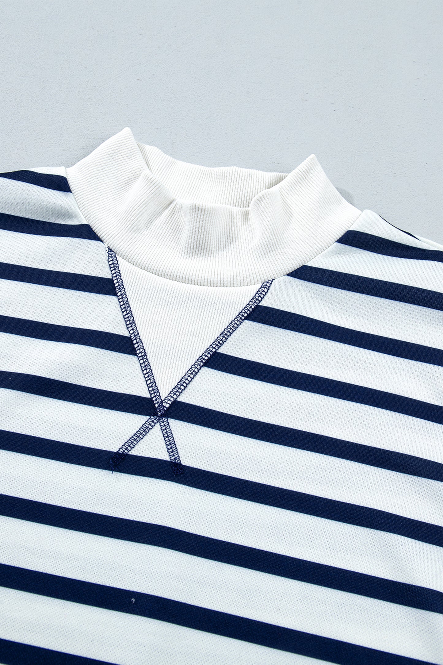 Blue Stripe Striped Stand Neck Long Sleeve Ribbed Cuff Hem Sweatshirt