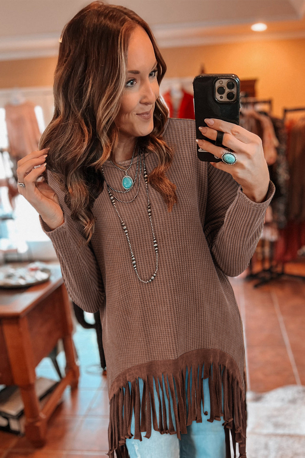 Coffee Waffle Knit Fringed High Low Loose Top-Tops/Long Sleeve Tops-[Adult]-[Female]-2022 Online Blue Zone Planet