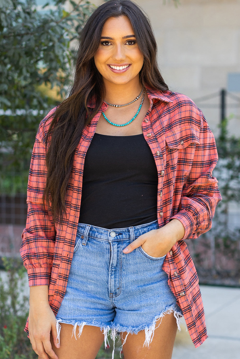 Green Plaid Long Sleeeve Side Split Distressed Hem Shirt-Tops/Blouses & Shirts-[Adult]-[Female]-Red-S-2022 Online Blue Zone Planet