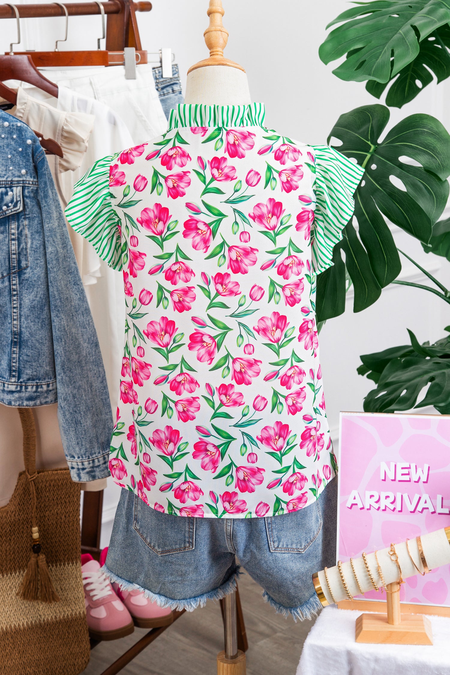 Multicolour Sweet Floral Print Striped Ruffle Trim V Neck Blouse-Tops/Blouses & Shirts-[Adult]-[Female]-2022 Online Blue Zone Planet
