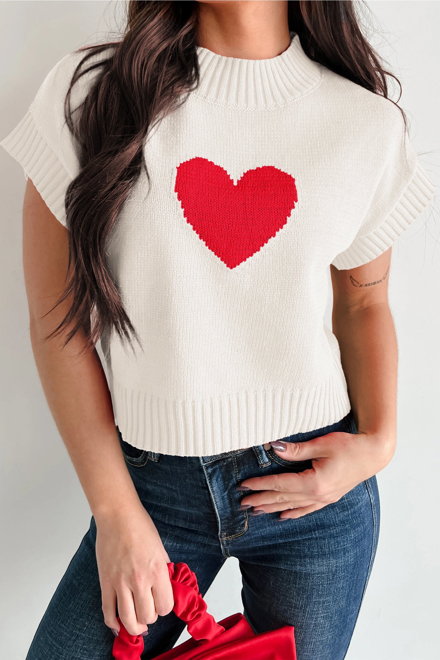 White Valentine Heart Graphic Cropped Short Sleeve Sweater-TOPS / DRESSES-[Adult]-[Female]-White-S-2022 Online Blue Zone Planet