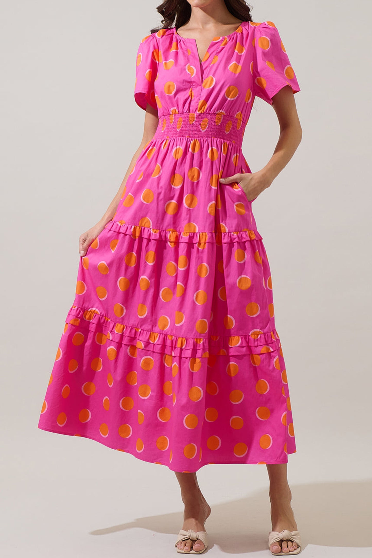 Rose Double Polka Dot Short Sleeve Shirred High Waist Midi Dress-Dresses/Midi Dresses-[Adult]-[Female]-2022 Online Blue Zone Planet